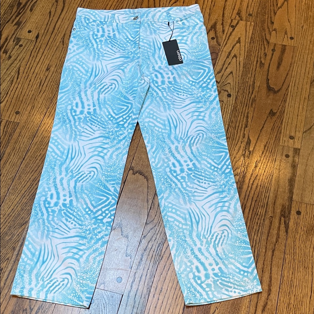 NWT Olsen sz 8 (S-M) Blue Aqua Print Pants - Lisa Style, Straight Fit